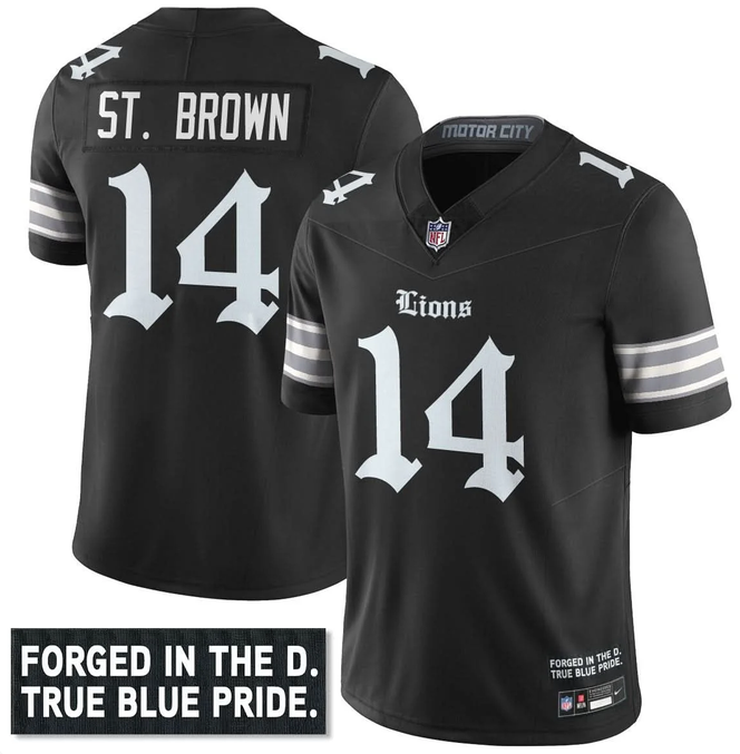 Men's Black Detroit Lions #14 Amon-Ra St. Brown F.U.S.E. 'Gothic Motor City Edition' Vapor Limited Stitched Football Jersey